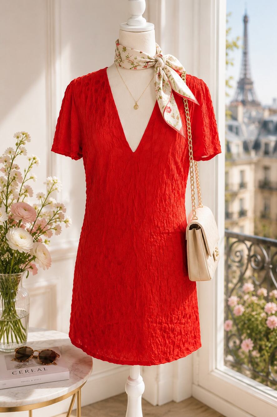 Vintage Cacharel Paris Made in France Textured Red Dress Parisian Romantic
